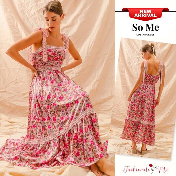 So Me Dresses & Skirts - So Me Romantic Bohemian Floral Pattern Ribbon Tie Lace Strap Maxi Dress | Pink